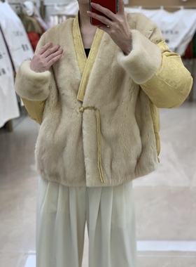 新中式国风收腰v领盘扣水貂毛提花刺绣皮草羽绒服内胆外套女冬季