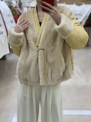 新中式国风收腰v领盘扣水貂毛提花刺绣皮草羽绒服内胆外套女冬季