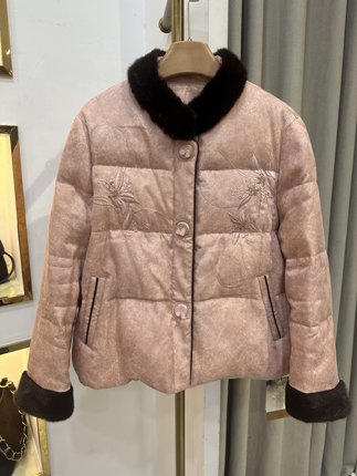 新中式唐装女装中国风年轻款粉色拼水貂领鹅绒服外套