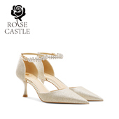 一字带水晶凉鞋 rose 时尚 气质单鞋 castle婚鞋 女金色细跟高跟鞋