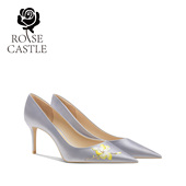 castle 原创手工刺绣宴会配旗袍鞋 灰色高跟单鞋 玉兰花开rose 婚鞋