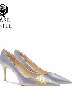 玉兰花开rose castle 原创手工刺绣宴会配旗袍鞋灰色高跟单鞋婚鞋