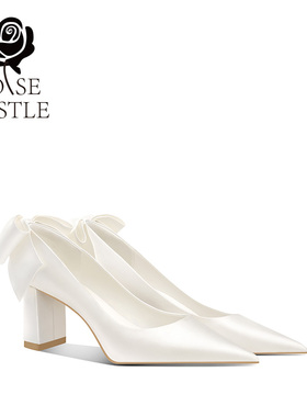 蝴蝶控rose castle 白色法式婚鞋粗跟不累脚孕妇婚纱鞋女缎面高跟
