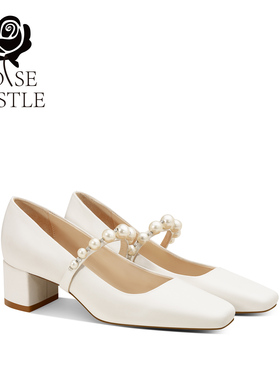 rose castle白色珍珠玛丽珍婚鞋女方头粗跟高跟日常通勤两穿单鞋