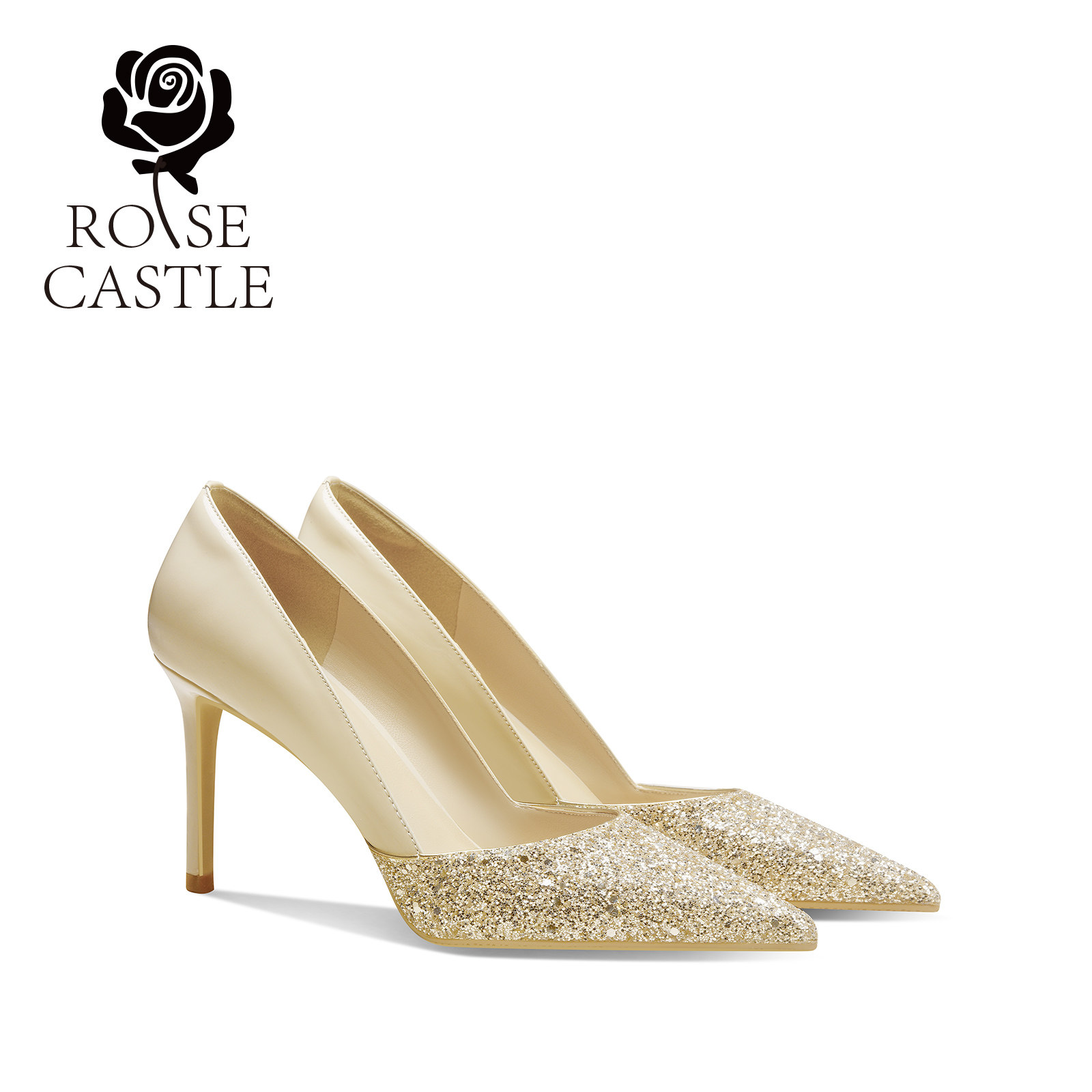 rosecastle 婚鞋女浅金拼缎面尖头细跟高跟鞋秀禾婚纱两穿