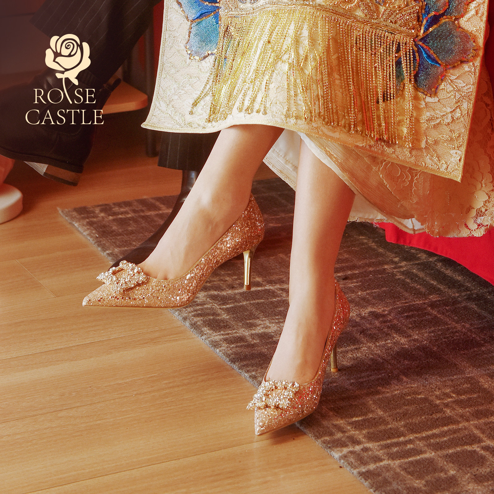 rose castle金色订婚鞋秀禾婚纱两穿细跟水钻新娘不累脚高
