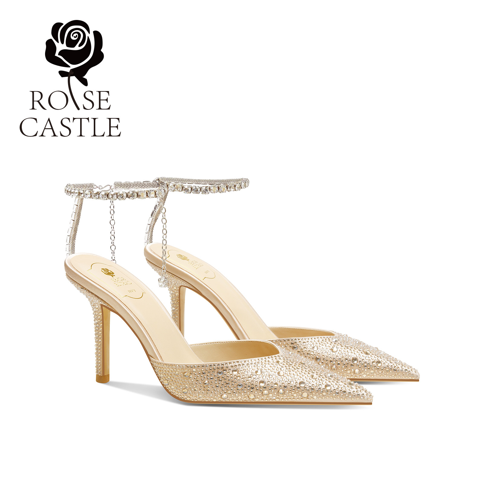 rose castle香槟金满钻婚鞋女水晶踝链秀禾婚纱两穿新娘鞋