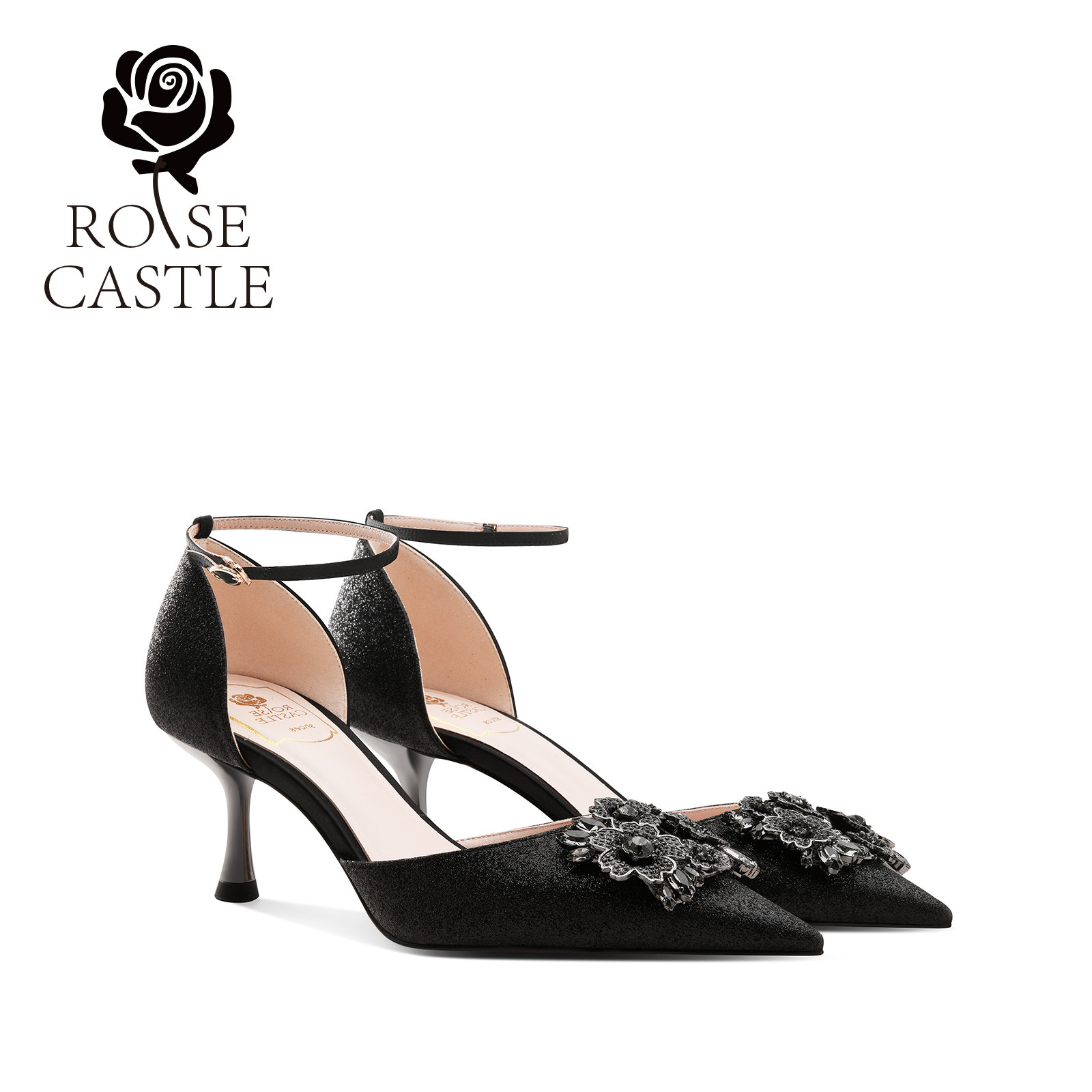 璀璨之花rosecastle气质尖头时装凉鞋女夏季时尚一字带黑色