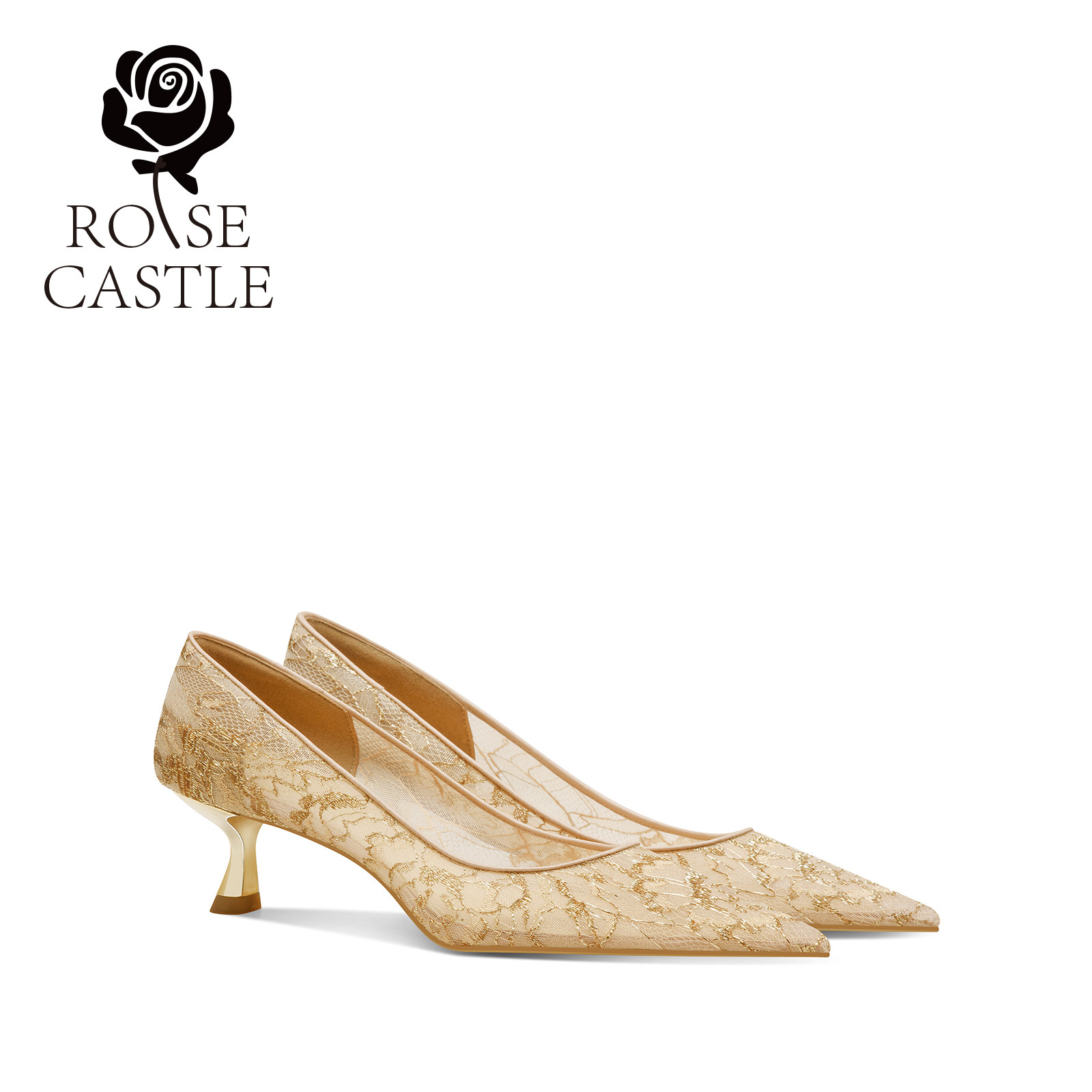 梦幻银河 rosecastle 金色蕾丝婚鞋女小高跟好穿不累脚新