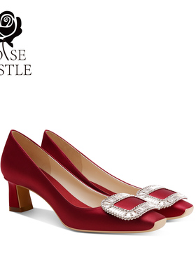 rose castle璀璨水晶 秀禾婚鞋女新娘红色高跟鞋舒适方头水钻单鞋