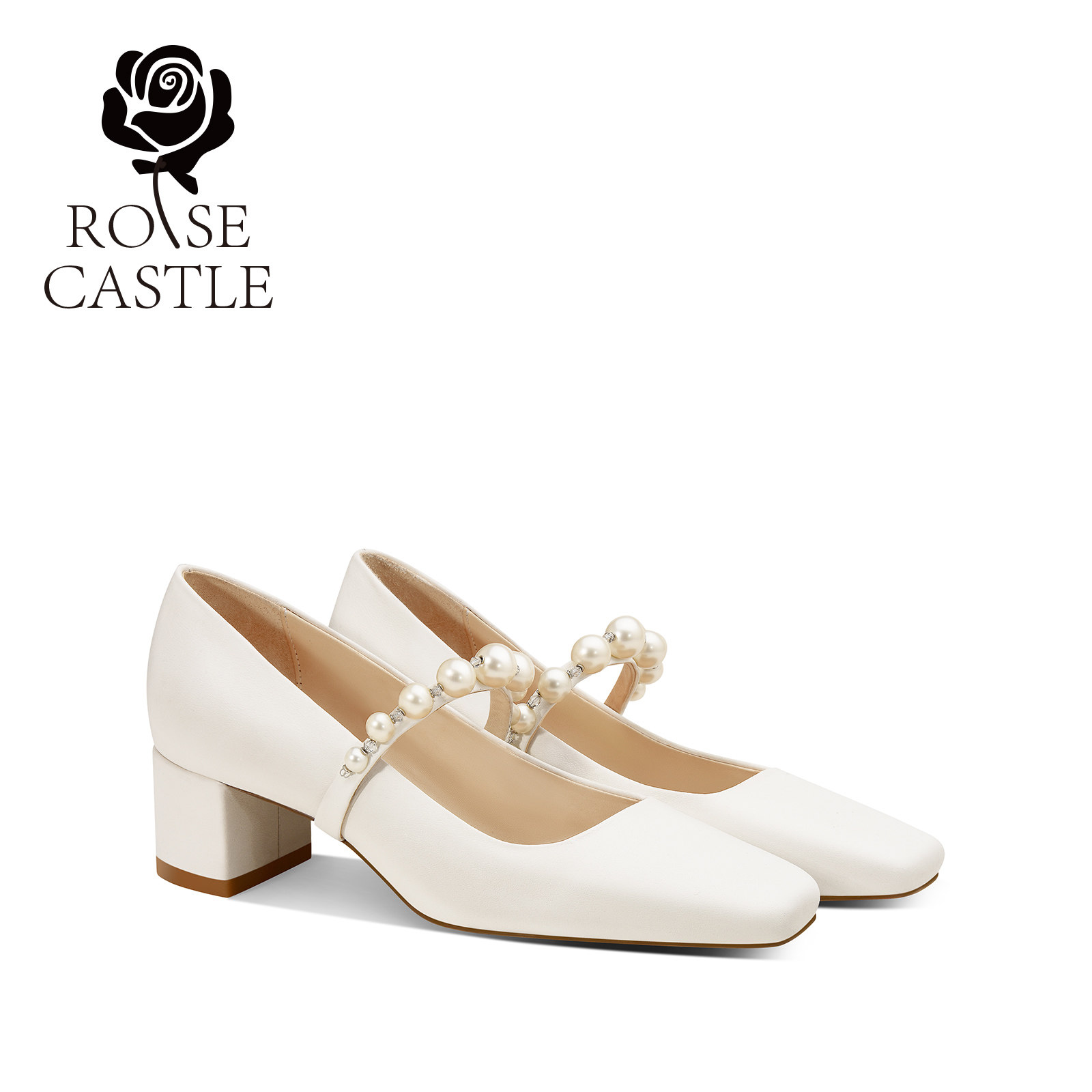 月光曲 rosecastle 婚鞋女粗跟不累脚新娘鞋白色方头玛丽