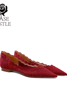 rose castle国色佳人婚鞋女红色蕾丝新娘鞋气质秀禾婚纱平底鞋