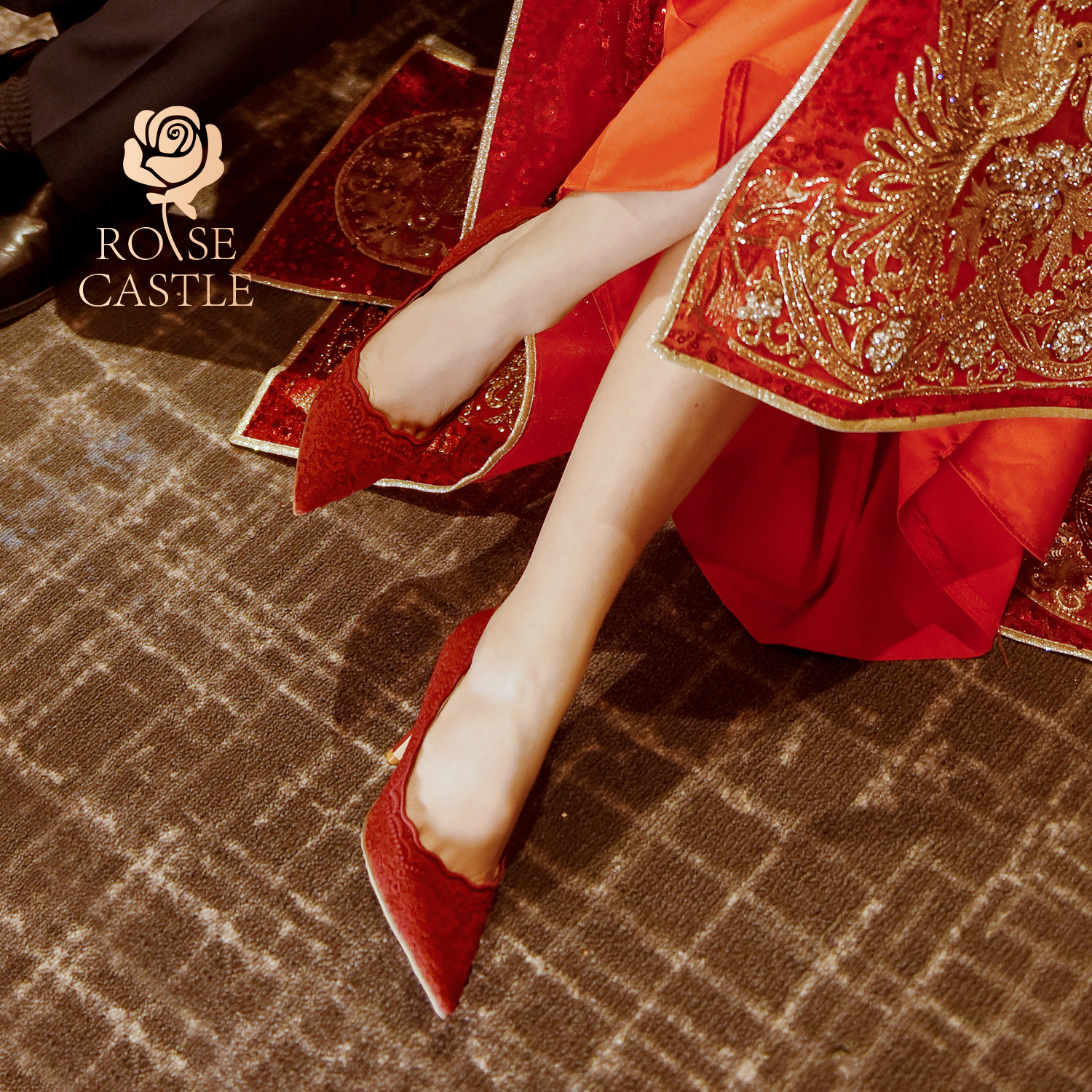 rose castle绝美中式蕾丝婚鞋新娘鞋女秀禾鞋尖头宴会高跟鞋红色,女鞋,婚鞋,淘宝优惠券,粉丝福利购,淘宝优惠卷