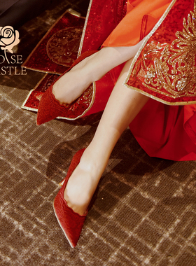 rose castle绝美中式蕾丝婚鞋新娘鞋女秀禾鞋尖头宴会高跟鞋红色