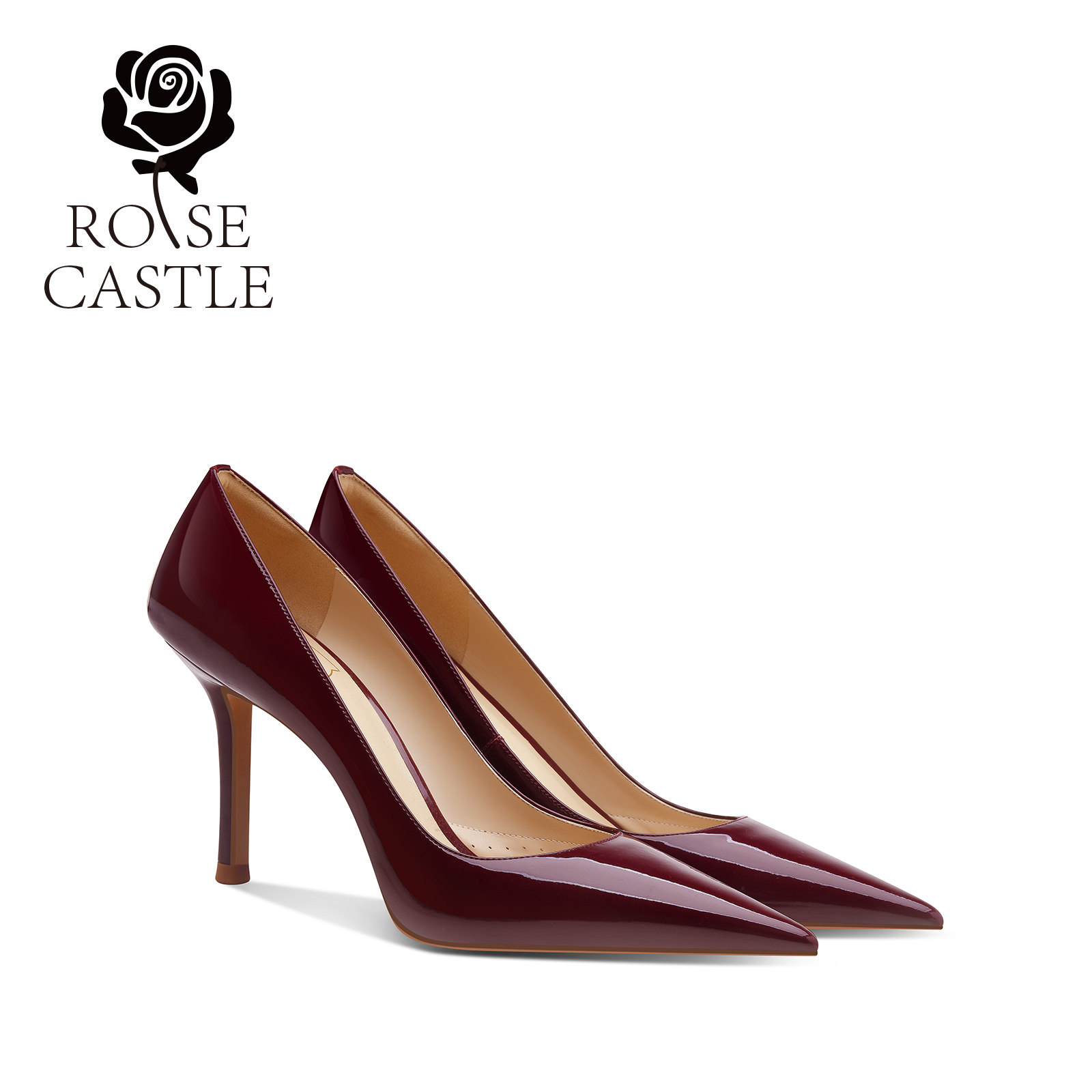 rosecastle 尖头浅口单鞋酒红色漆皮高跟鞋女细跟晚宴派对