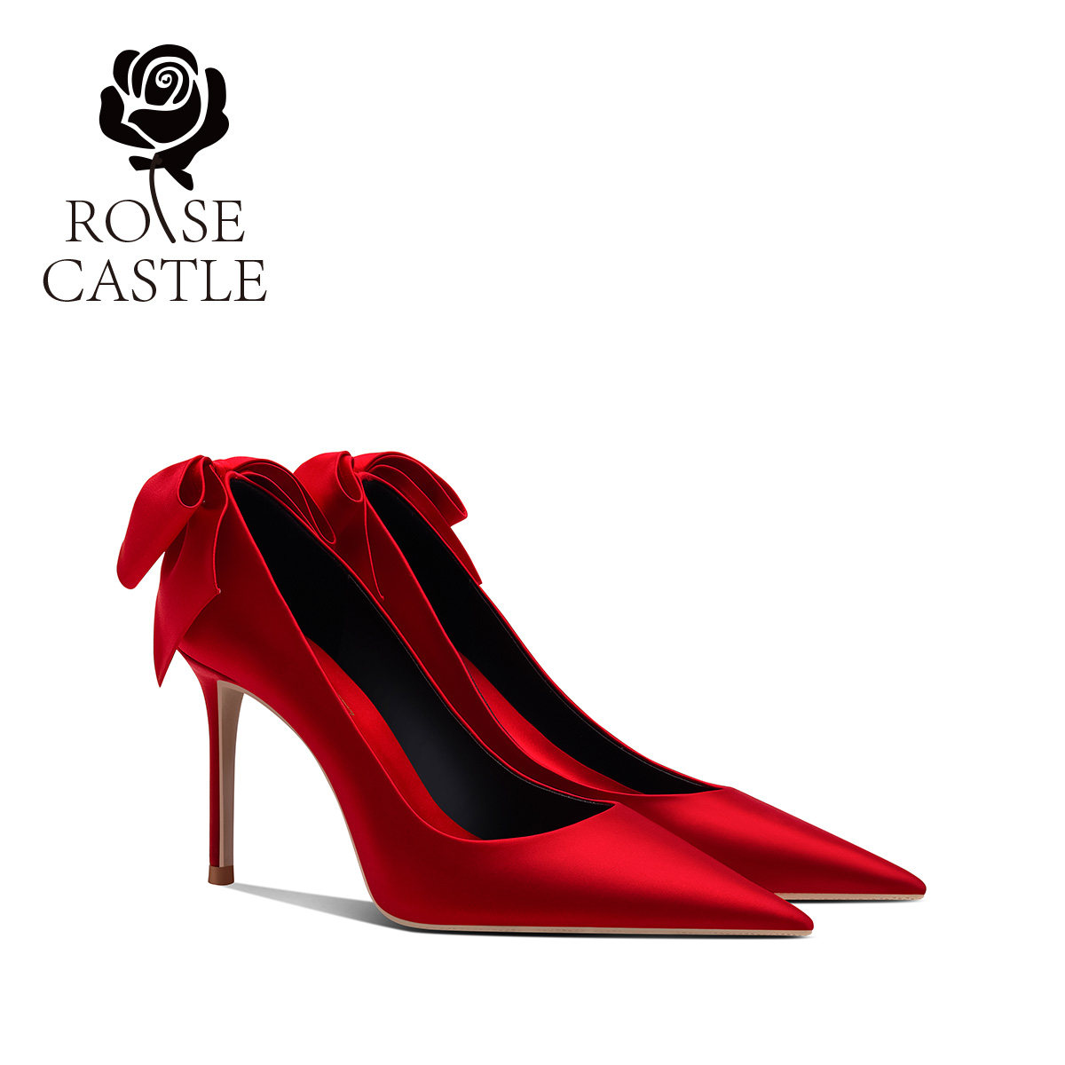 rose castle红色秀禾婚鞋女蝴蝶结尖头高跟新娘鞋绸缎礼服敬酒鞋