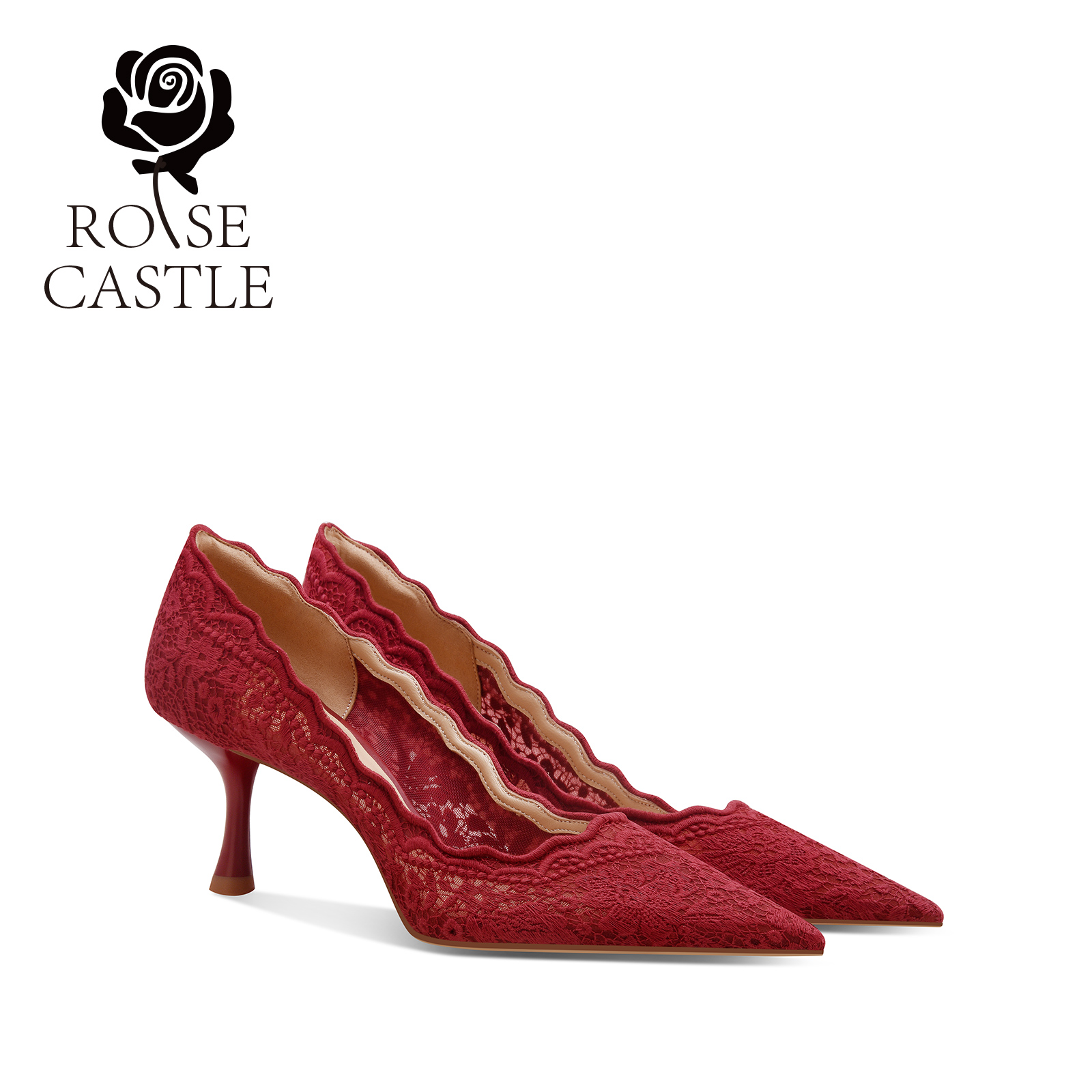 国色佳人 rosecastle 红色秀禾婚鞋女新娘鞋酒杯跟不累脚浅口单鞋