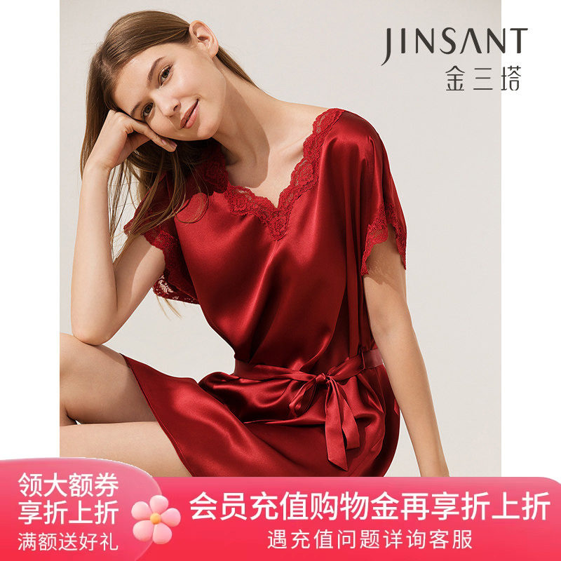 金三塔真丝睡裙女100%桑蚕丝红色本命年蕾丝宽松不挑人舒适睡衣