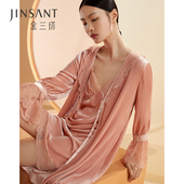 金三塔桑蚕丝丝绒晨袍秋冬女蕾丝贵族睡袍睡裙长款 外穿睡衣