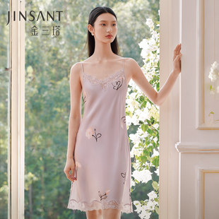 金三塔真丝睡裙女100%桑蚕丝蕾丝V领优雅吊带裙可外穿家居服睡衣