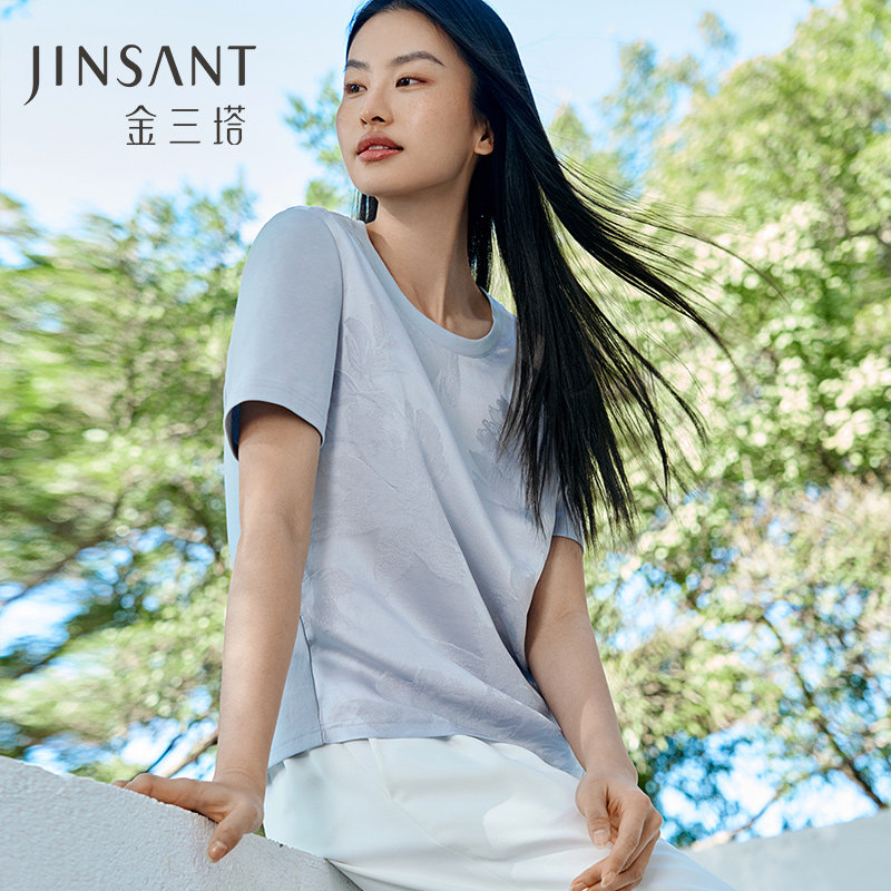 金三塔真丝小衫女春夏桑蚕丝提花针织圆领短袖宽松透气可外穿T恤