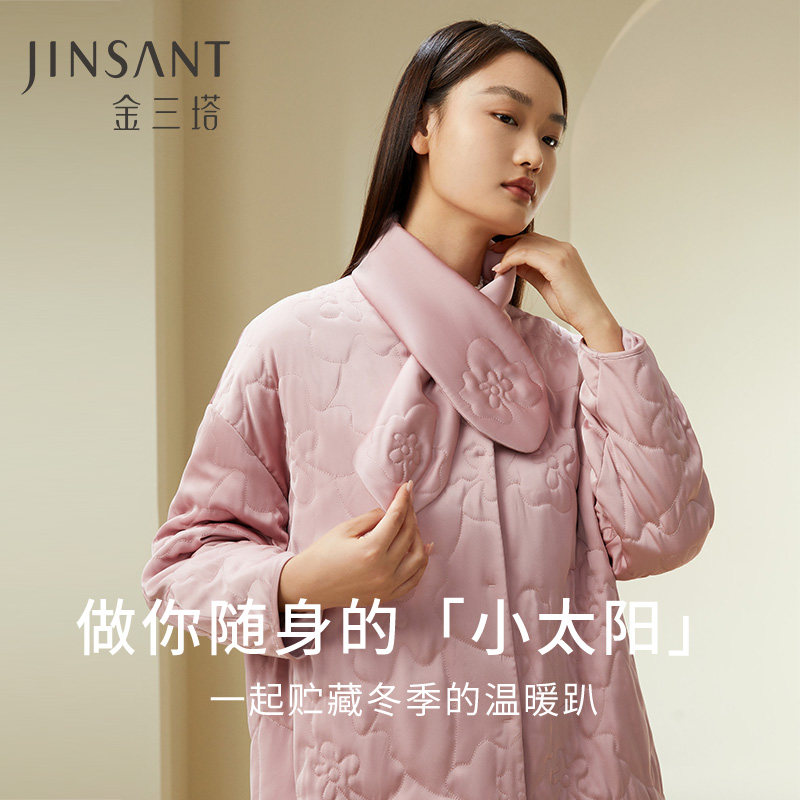 金三塔睡袍女士秋冬桑蚕丝填充加厚带围脖保暖长袖浴袍睡衣家居服
