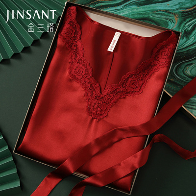 金三塔红色真丝睡衣女100%桑蚕丝蕾丝睡裙V领结婚本命年吊带睡裙