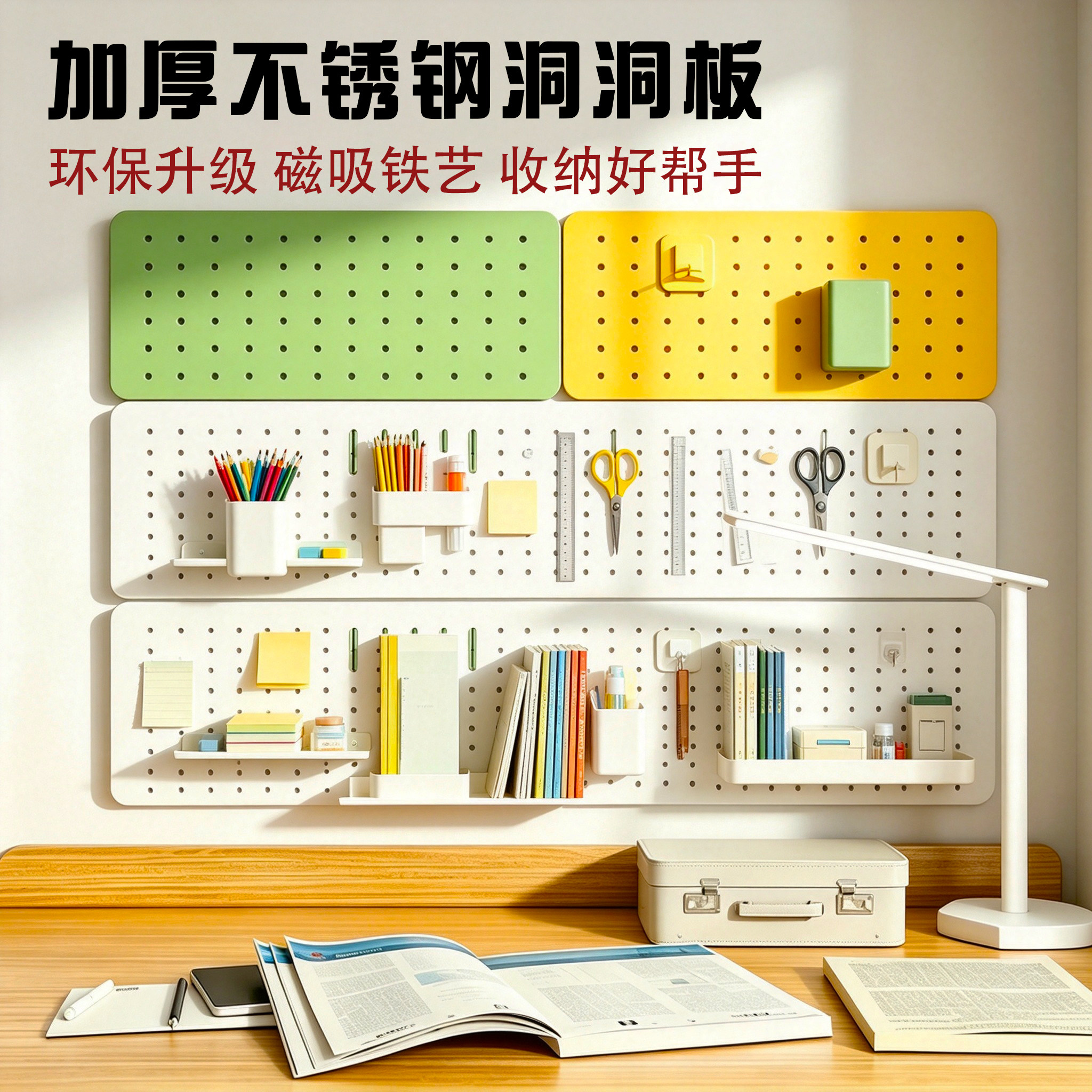 墙上洞洞板置物架免打孔儿童书桌文具墙壁金属学习桌墙面磁吸收纳