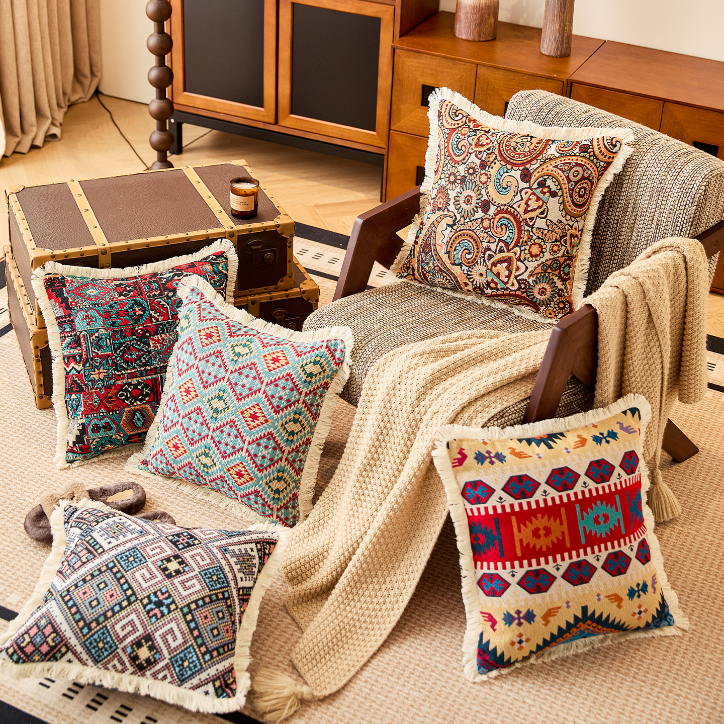 美式乡村复古风棉麻抱枕靠垫靠背客厅卧室高级感碎花靠枕套流苏