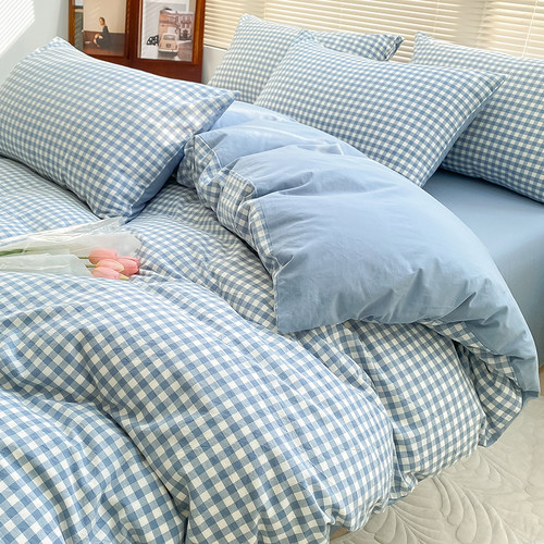 四件套全棉水洗棉亲肤简约格子