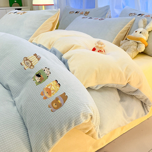 冬季 珊瑚绒床品厚 牛奶绒床上四件套卡通刺绣被套床单a类2025新款