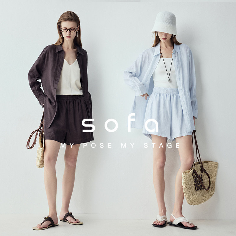 sofa极简松弛100亚麻度假风轻薄透气夏季刚需防晒衬衫短裤套装女