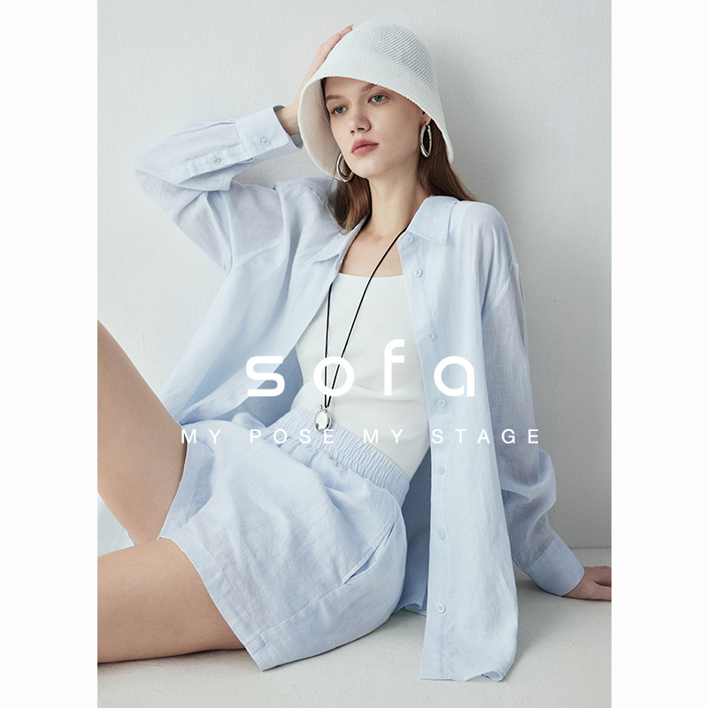 100%亚麻度假风防晒套装！sofa极简松弛轻薄透气纯色衬衫+短裤女