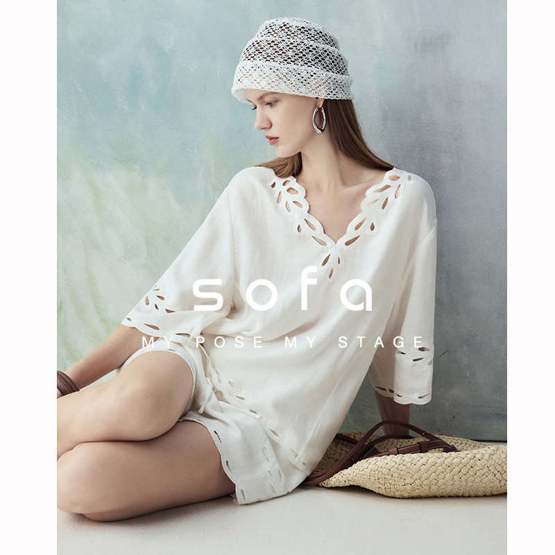 镂空绣花海岛度假风套装!sofa老钱亚麻透气时髦衬衫短裤女