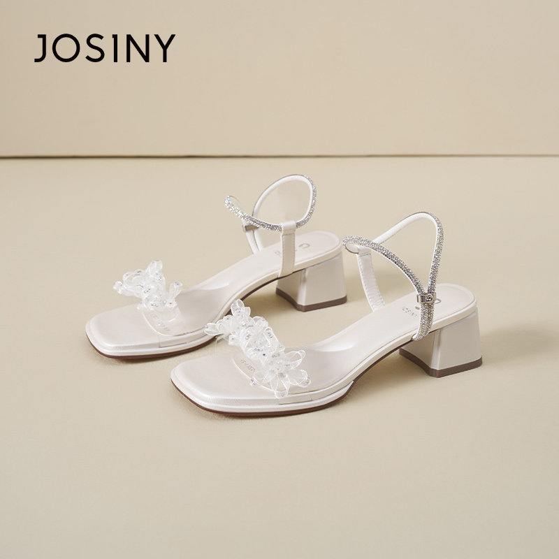 卓诗尼2026年夏季新款公主风花朵粗跟凉鞋女一字带百搭时装高跟鞋