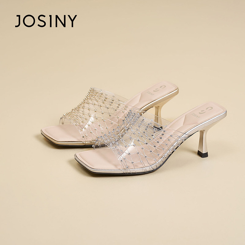 卓诗尼2026年夏季新款法式复古水钻一字拖鞋女时尚透明露趾凉鞋