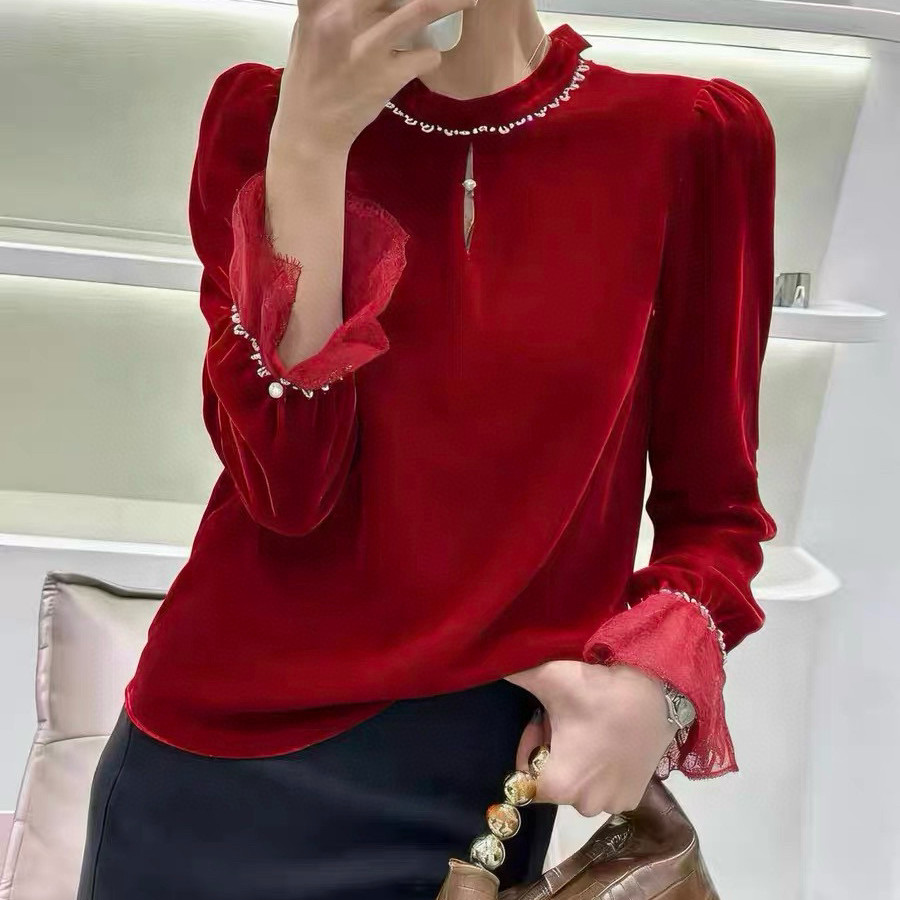 诺诺26年早春立领蕾丝边喇叭袖钉珠丝绒小衫(不含任何配件)SY2575,女装/女士精品,毛针织衫,淘宝优惠券,粉丝福利购,淘宝优惠卷