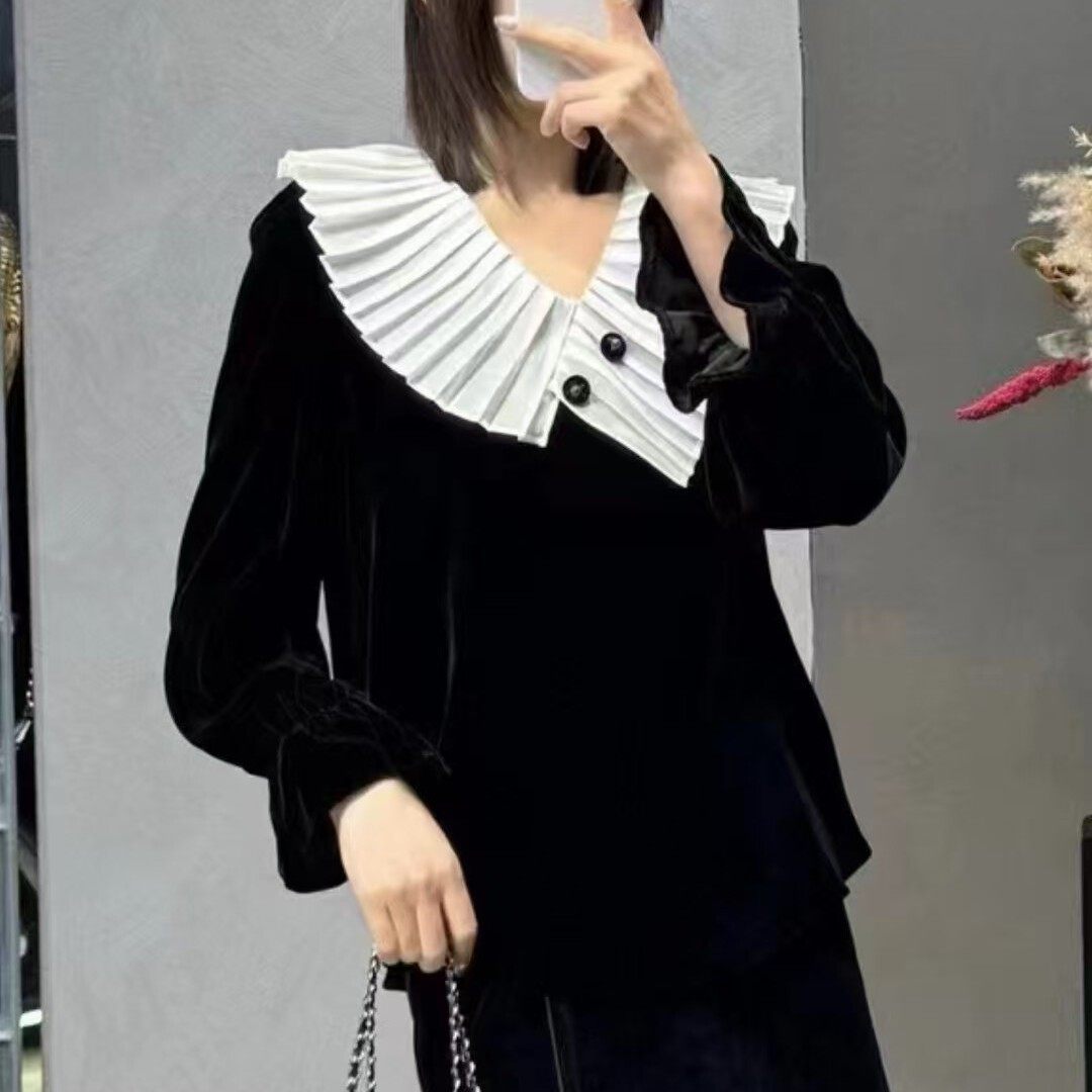 诺诺小众设计真丝丝绒喇叭袖拼色重工压折娃娃领减龄小衫252545,女装/女士精品,毛针织衫,淘宝优惠券,粉丝福利购,淘宝优惠卷