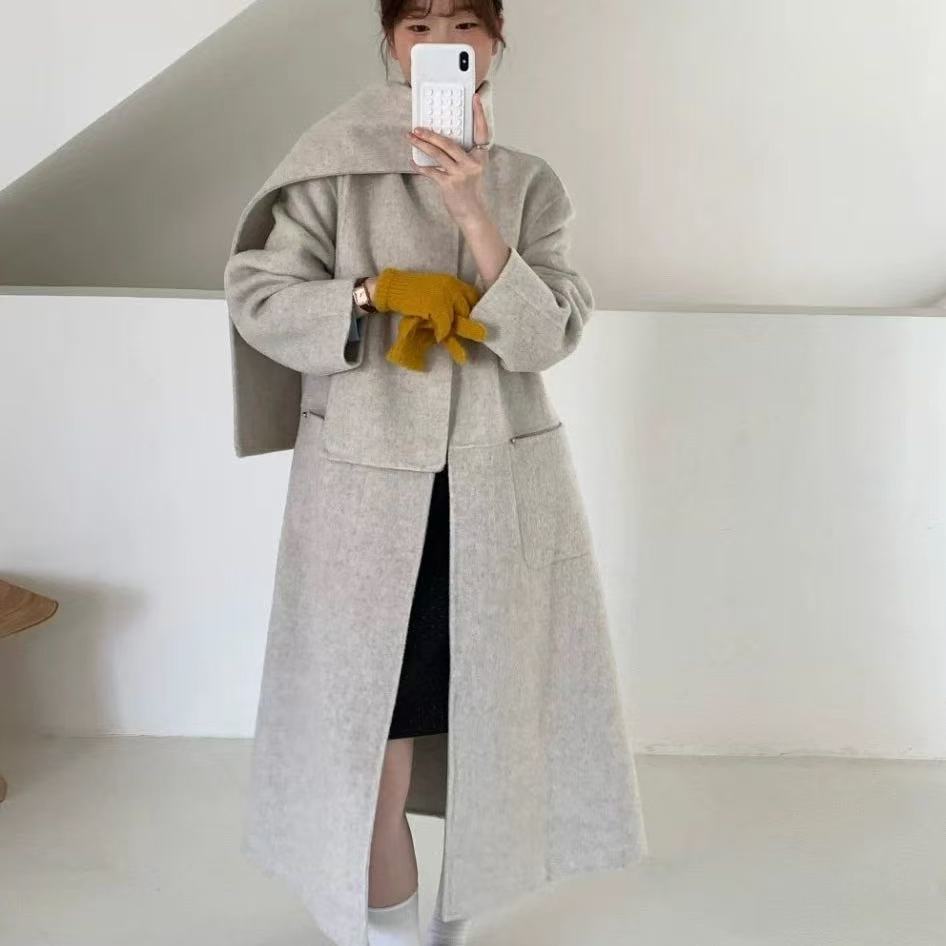 诺诺百搭宽松长款羊毛大衣羊毛外套(配围巾)（含68.8绵羊毛）x154