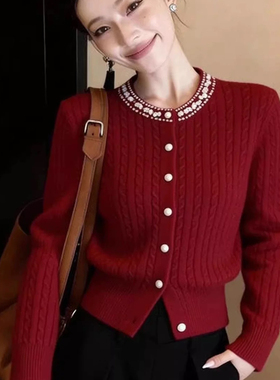 诺诺货重工小香风肌理感镶钻圆领短款针织开衫(不配胸针)A73510