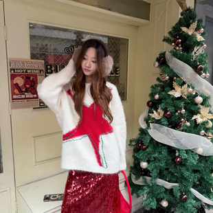 诺诺小众小众设计师潮牌星月系列拼色提花马海毛保暖毛衣V775