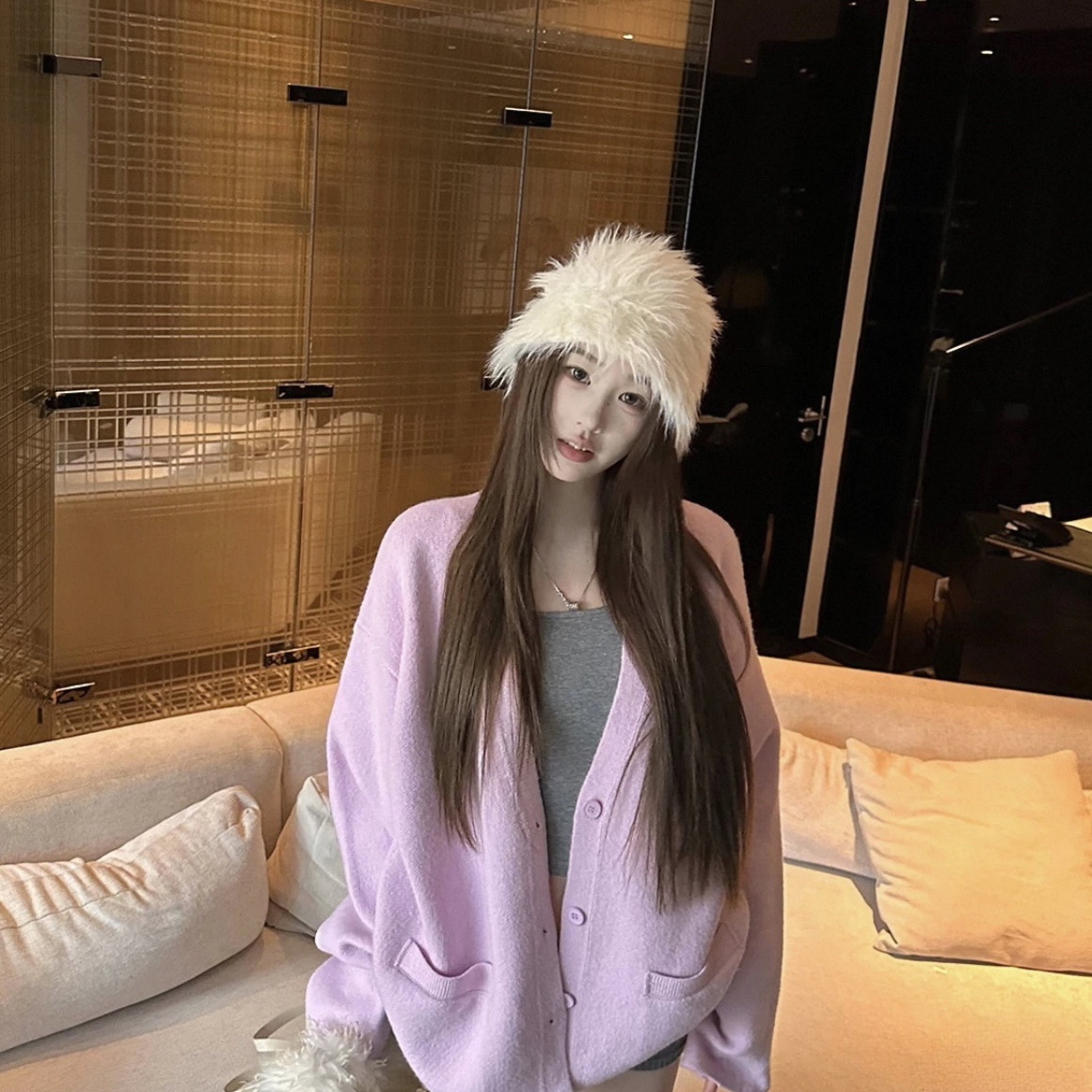 诺诺家色松弛V领单排扣口袋拼接设计宽松长袖针织外套毛衣A20129