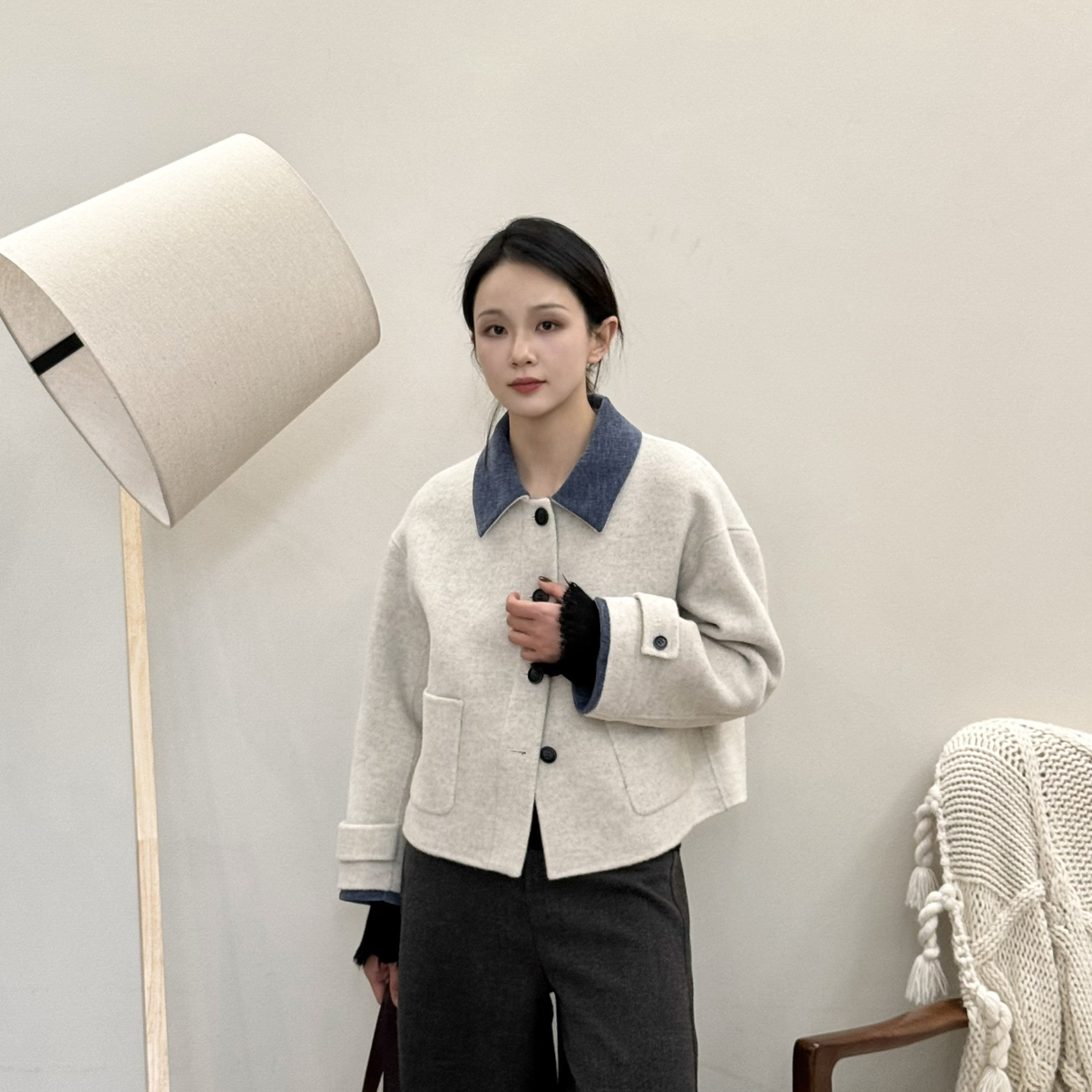 诺诺绒双面呢口袋翻领韩系极简单排扣羊毛外套（含10骆驼绒）OFZ0