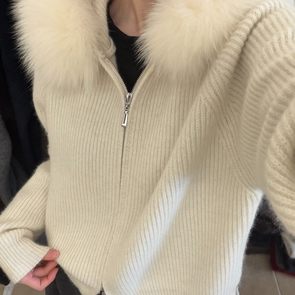 诺诺双拉链针织开衫保暖毛衣(配可拆仿兔毛领)（含14.8兔毛）78-1