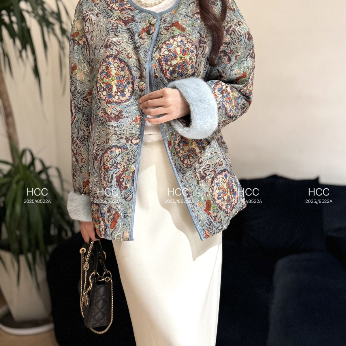 诺诺冬上新新中式提花圆领宽松保暖羽绒服外套配袖毛168-771