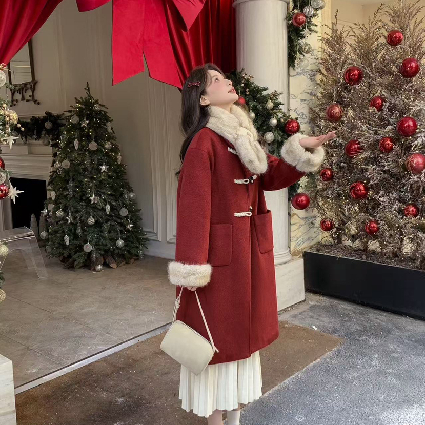 诺诺家冬上新圣诞战袍牛角扣复古百搭大衣(配围巾)HD2565