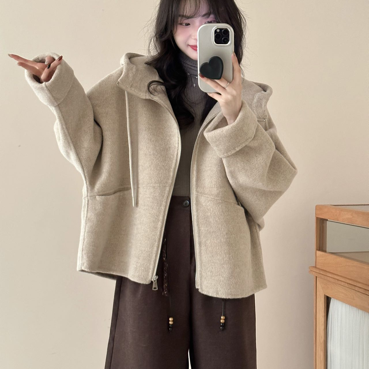 诺诺套女冬季新款抽绳系带短款呢子上衣羊毛外套含100羊毛82