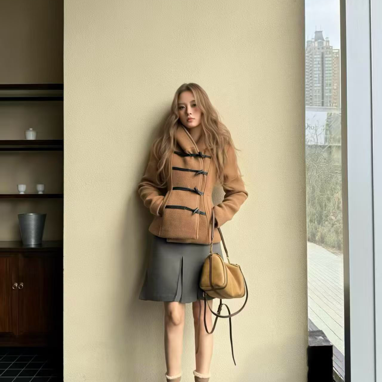 诺诺设计高版本美式学院风气质牛角扣羊毛外套（含100羊毛）14876