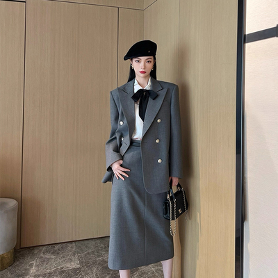 诺诺设计店经典戗驳领西装羊毛外套+半身裙套装（含70羊毛）A9516