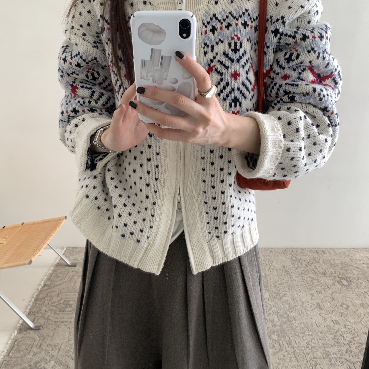 FEEL BLESSE诺诺羊毛提花爱心拉链开衫保暖毛衣（含100羊毛）AM53